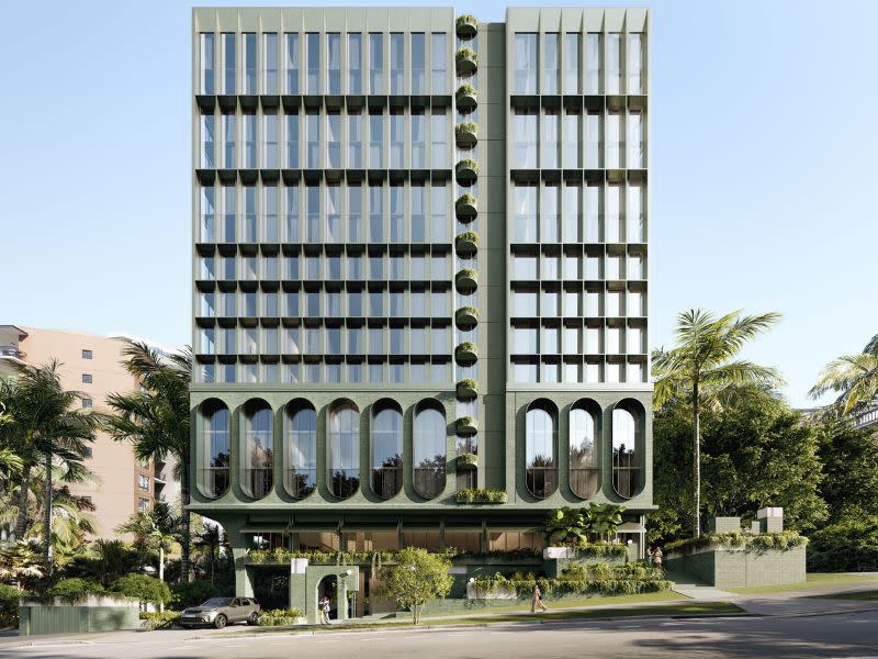 a green hotel render of a 16-storey building in Kangaroo Point with porthole shaped windows.