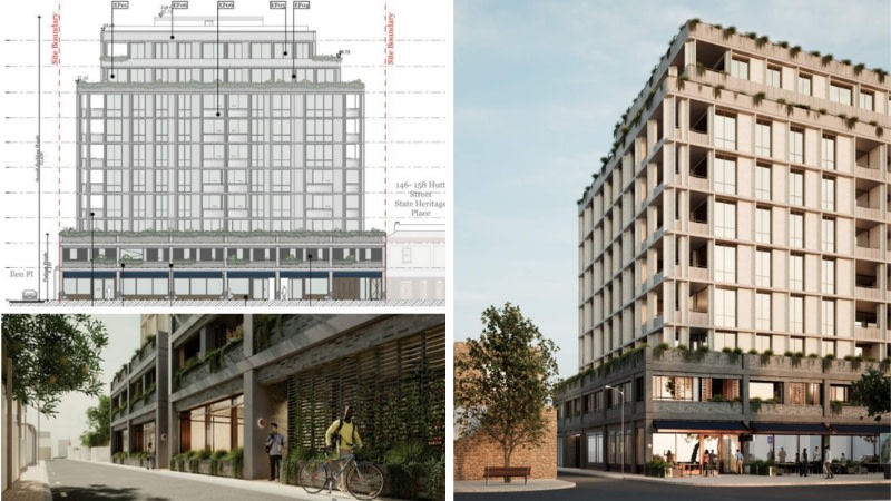 three images showing a 10 storey development from a sketch, the lower bike entrance and side of the building.