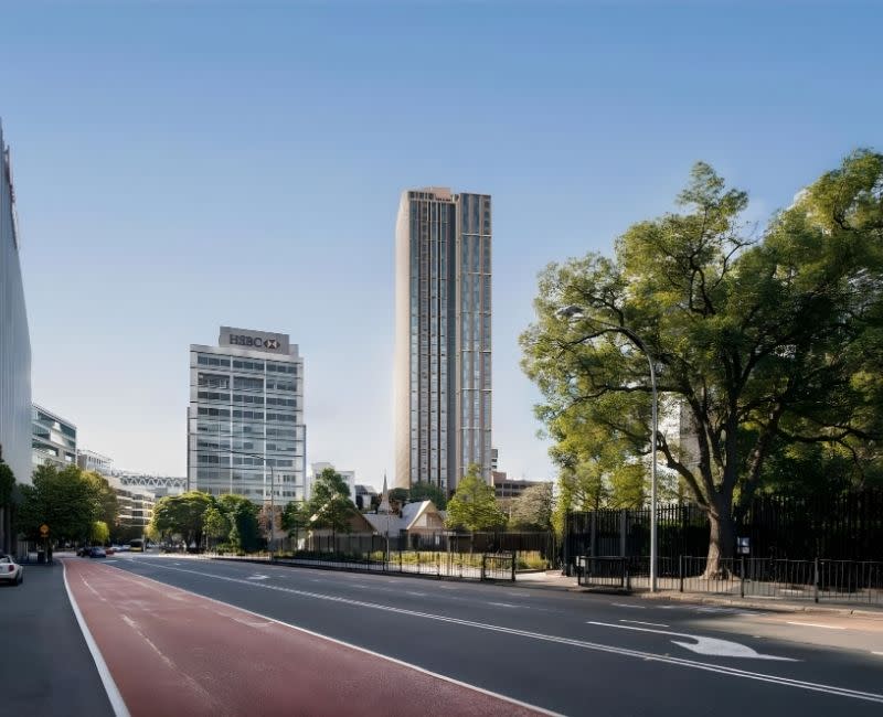 Rendering of the proposed 40-storey build-to-rent tower seen from Smith Street. Freecity FK Parramatta