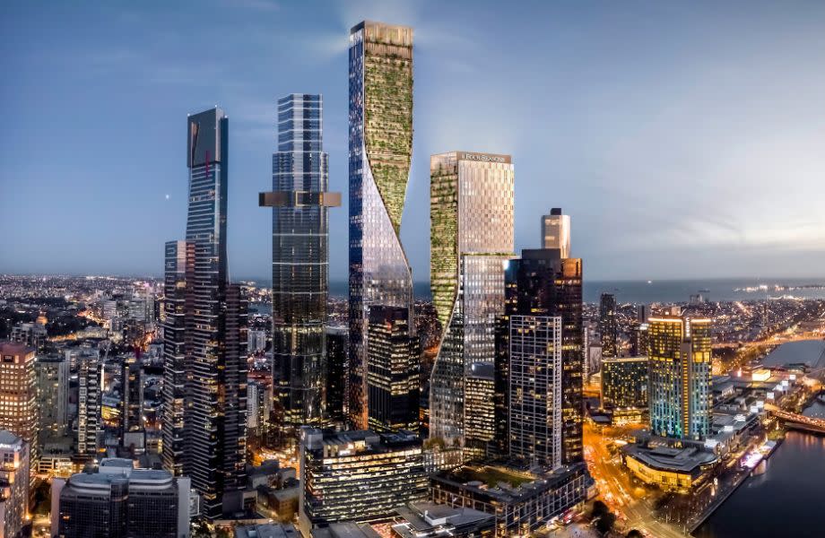 render of a future melbourne skyline featuring the two twisting towers called STH BNK by Beulah 