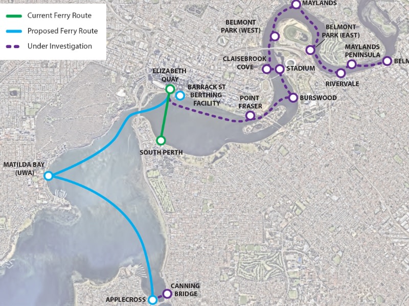 image of the swan river looking down and various ferry routes, in operation, proposed and under investigation.