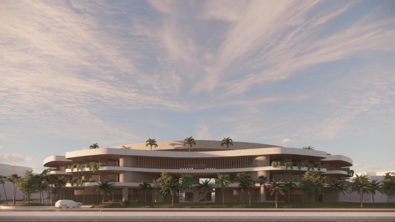 rendering of a wide four storey hotel with palm trees out the front