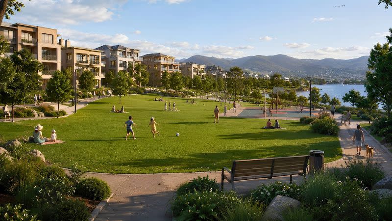 A concept rendering to the new suburb that may rise on the former Derwent Barracks site north of Hobart.