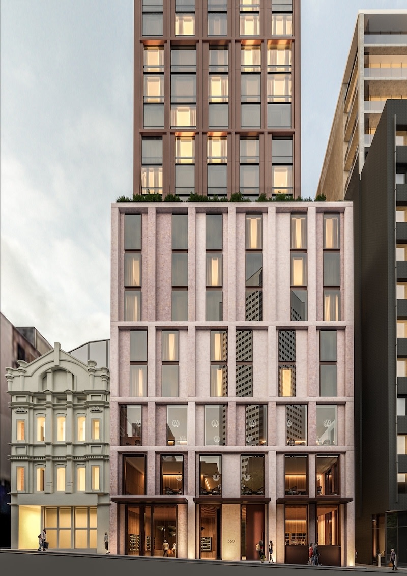 HGW Projects' 23-storey version of the proposed hotel for the permit (pictured) before Roxy Pacific redesigned it to a 14-storey project with the 1932 shell retained.