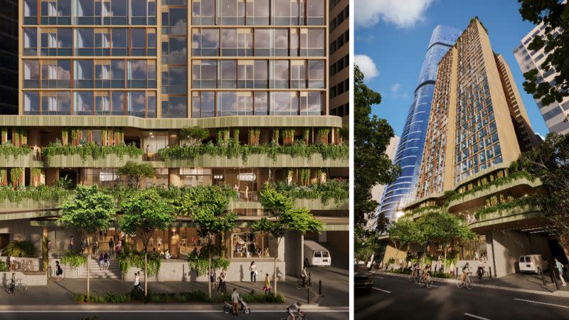 Renders of the revised proposal for the purpose-built student accommodation tower at 240 Margaret Street, Brisbane.