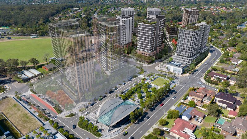 The east precinct in the background, Doran Drive Precinct and Hills Showground shaded, Hills Showground station and part of the remaining west precinct to be developed by Deicorp.