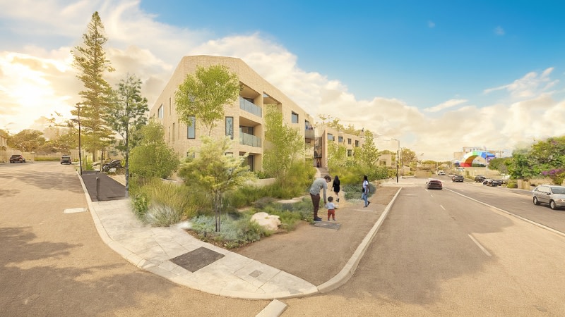 rendering of a three storey beachy development from the corner of the project showing the balconies and main road.