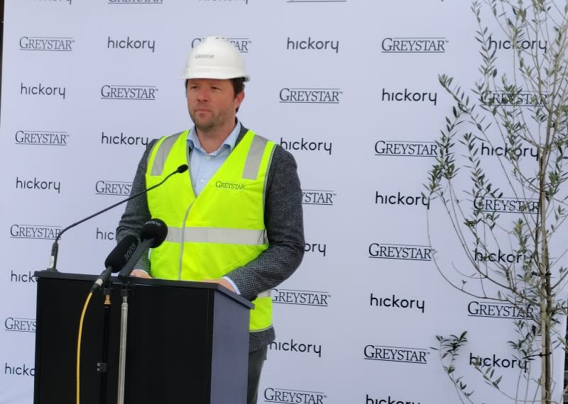 Greystar Australia managing director Matt Woodland speaking at the topping out ceremony for Greystar's Yarra and Claremont street build-to-rent project in Melbourne's South Yarra.