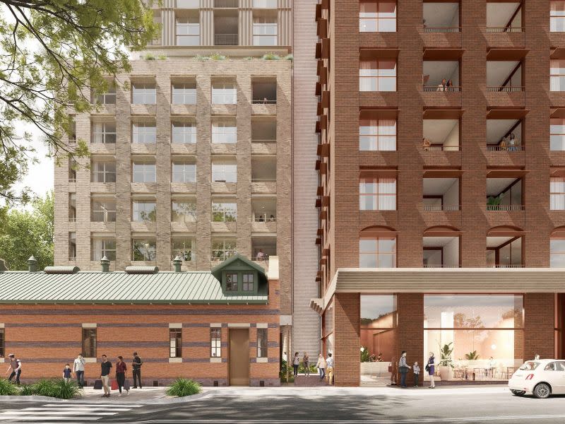 Render showing a light-coloured section and red-brick section of a building's lower six levels with a heritage substation at the base left.