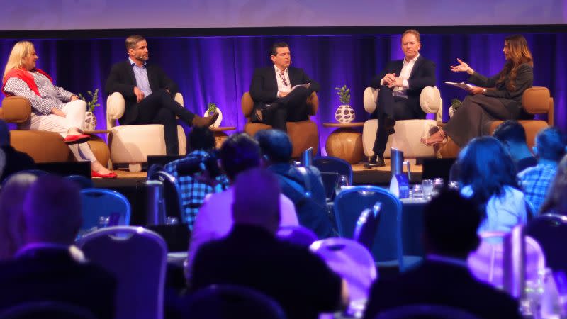 JLL’s Freya Watson, Mosaic’s Brook Monahan, Urbis’s Benjamin Pollack and Gurner Group’s Rob Clarke on stage at Urbanity-26 with Erin Holland.