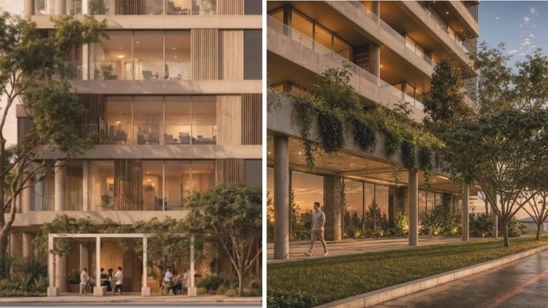 The Fraser & Partners-designed tower scheme features concrete and bronze-toned elements.