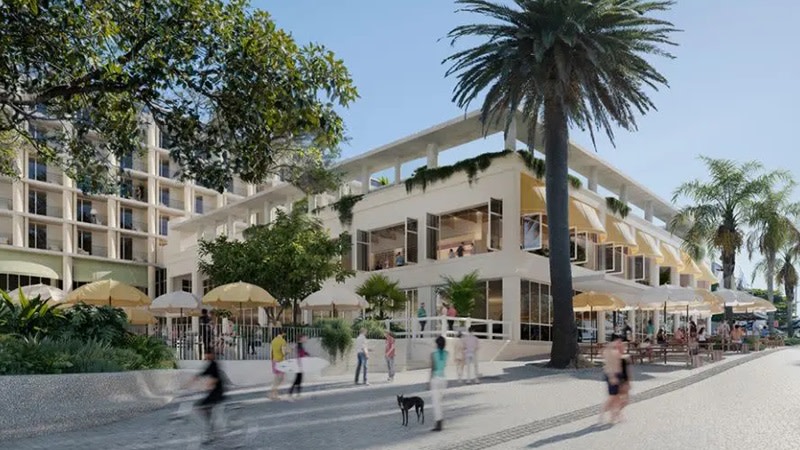 render of a white hospitality building and palm trees at Phillip Island Hotel Redevelopment