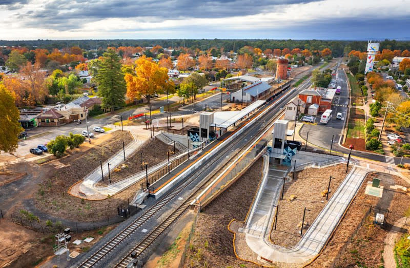 An aerial view of the new Wangaratta Station in Victoria, redeveloped as part of the Inland Rail project's Beveridge to Albury Tranche 1.