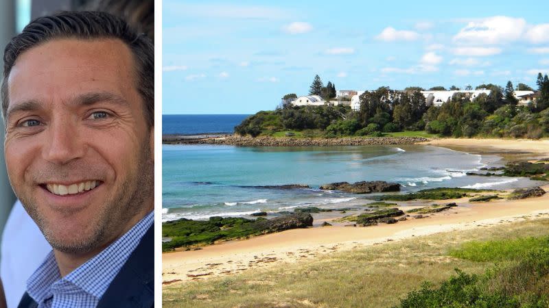 Matt Philpott smiles next to an image of Culburra Beach he is the Sealark Managing Director – Land & Development.