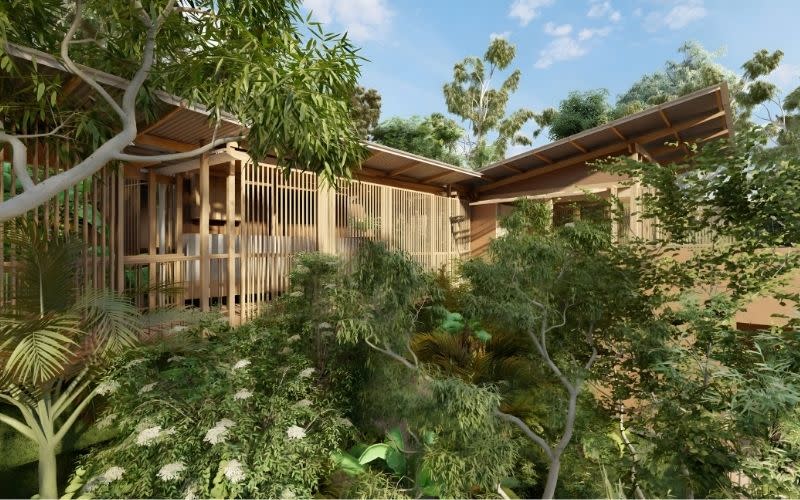 Troppo Architects rendering for Fiveight of the Gaia Retreat & Spa redevelopment reimagining the Byron hinterland sanctuary through a nature-led, low-impact design.