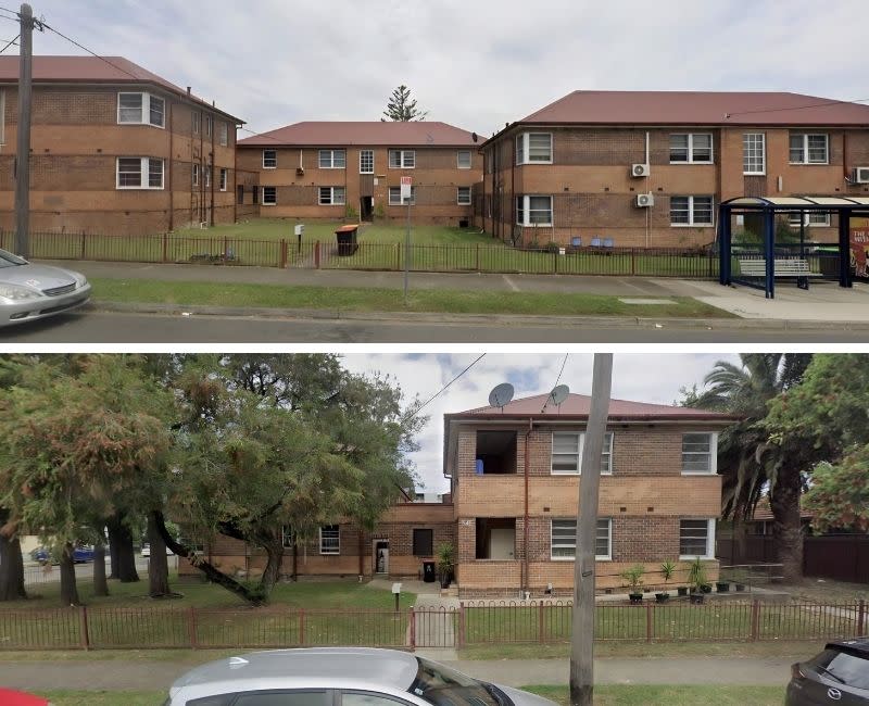 The existing red-brick walk-up estate at 270-278 Burwood Road and 54 Lakemba Street, Belmore, will be demolished for the Homes NSW project.