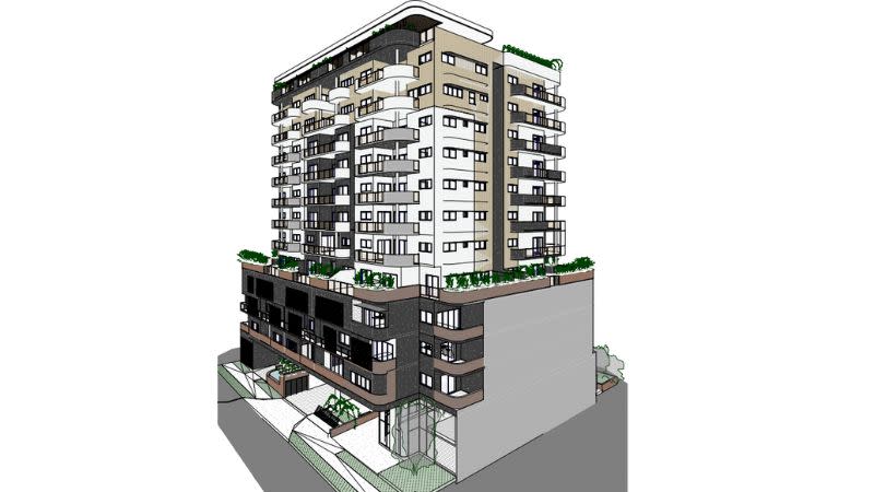 A simple render of a 14 storey development in Chermside. It has ground floor retail spaces, a few levels of parking and apartments above.