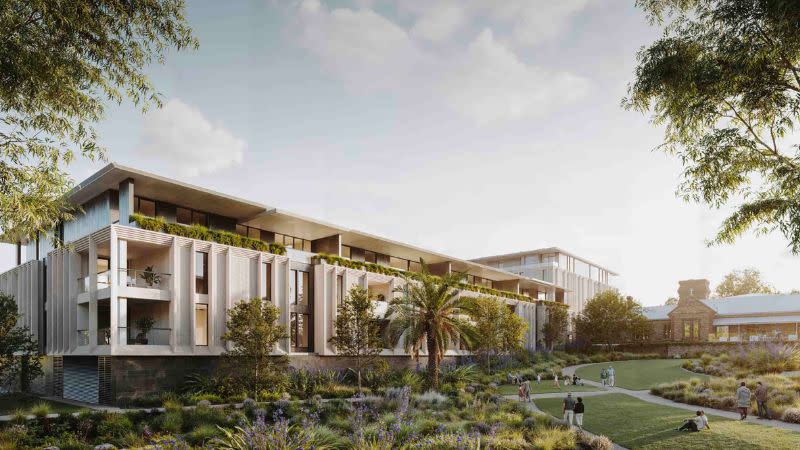 A rendering of the project showing the two towers and the former archbishops' house.