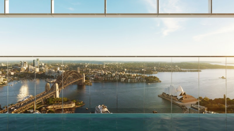 rendering of the edge of an infinity pool, the balcony and view of sydney harbour bridge and opera house