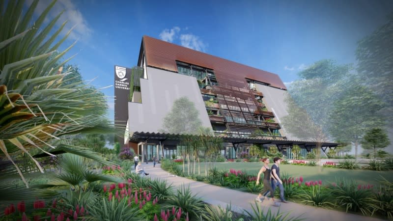 The render of Charles Darwin University's City Campus or Education and Community Precinct Danala in Darwin's CBD which will now also have a student accommodation component.