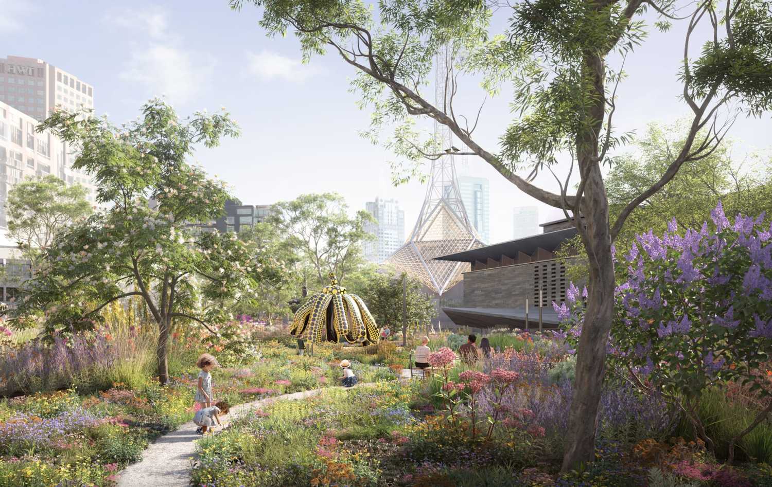 Render of the Laak Boorndap garden being built in Melbourne Arts Precinct as part of the Melbourne Arts Precinct Transformation.