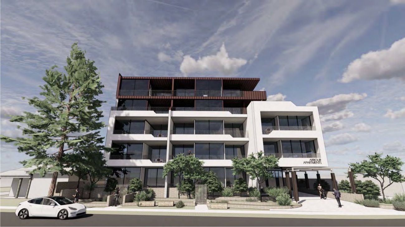 A frontal rendering of the proposed Arbour apartments.