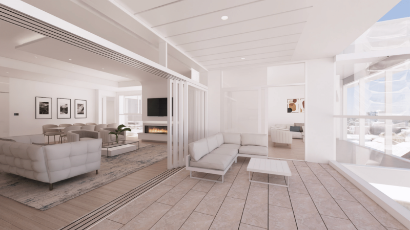 A rendering of the living area and balcony of one of Sallis's south-facing apartments.