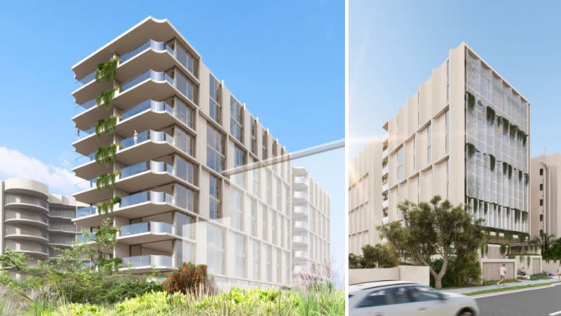 Renders of Mosaic property Group's proposed mid-rise apartment tower bookended by the Gold Coast Highway and the beach.  