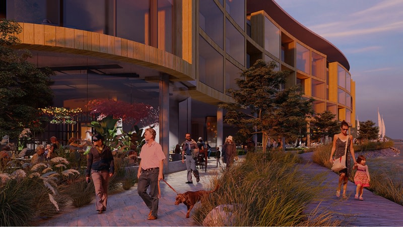 render of the side of the Chambroad bay hotel in tasmania. people are walking along the boardwalk between the hotel and marina