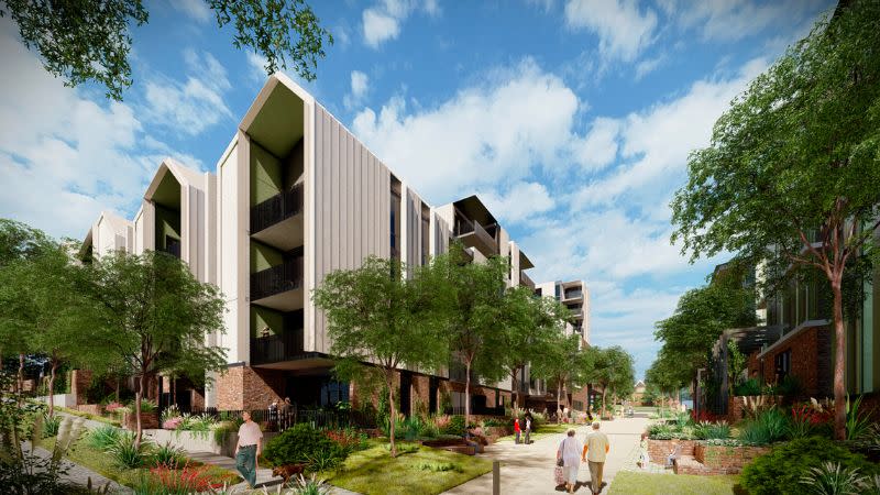 Render of some of the homes on Bills Street Hawthorn which are brick on the lower level and a pitched white upper levels.