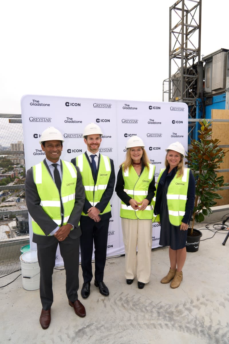 Greystar investment management executive director Adam Pillay, development senior director Sean Ryan, Victorian planning minister Sonya Kilkenny and City of Port Phillip mayor Heather Cunsolo at the topping out event for The Gladstone.