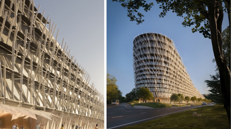 two images depicting the side and front of the future winter sports world, in particular the facade