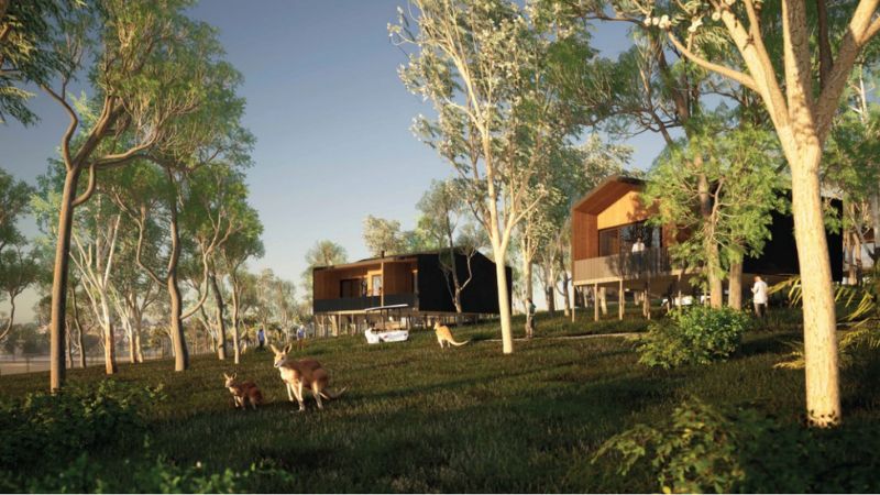 Render of proposed eco retreat comprising 85 cabins, a winery, restaurant and day spa-style health and wellness centre.