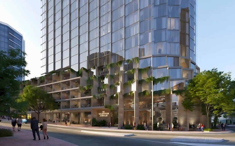 Street-level view of the proposed tower's landscaped podium.