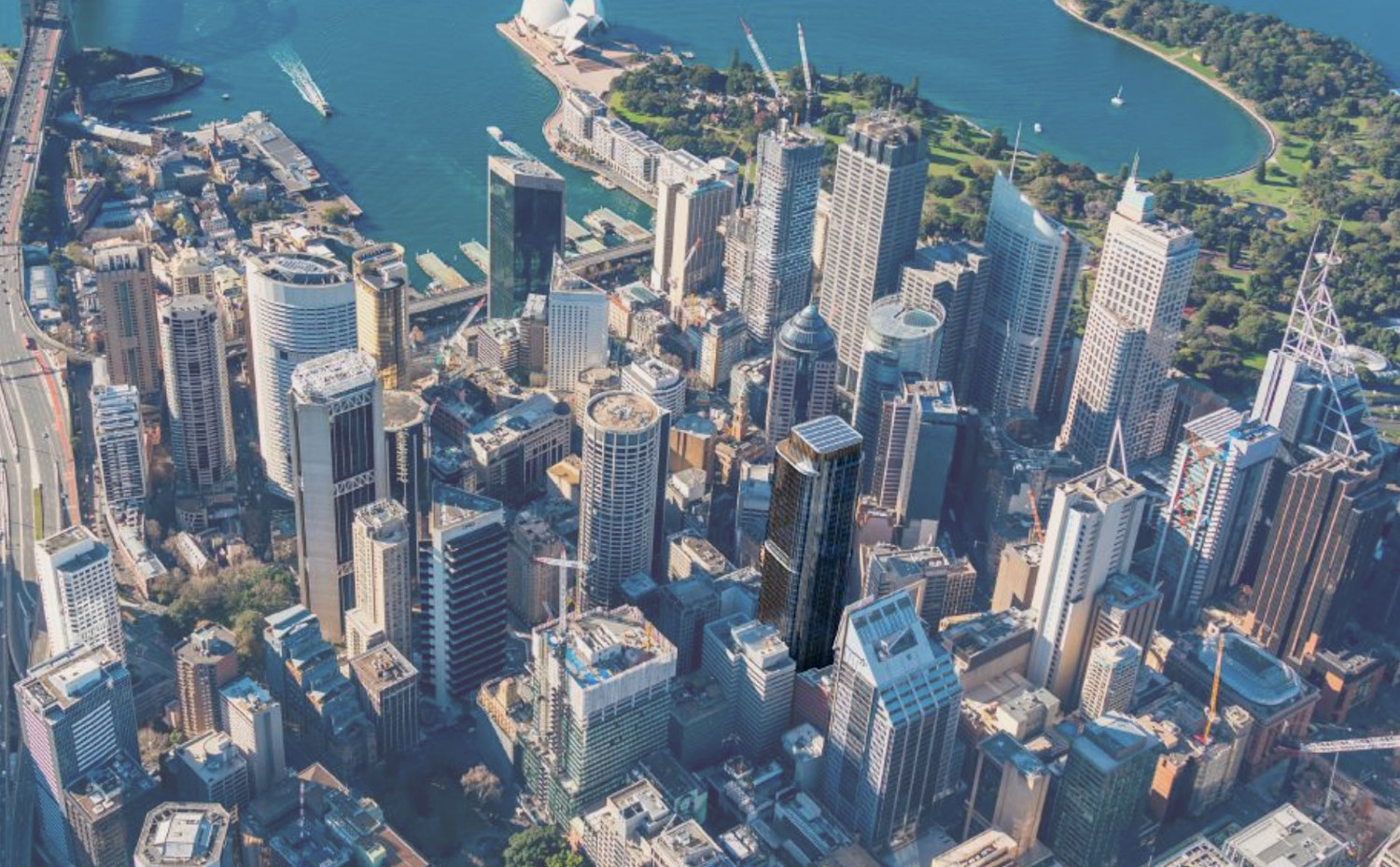 A photomontage of the indicative concept design in central Sydney context (aerial). Image: Bates Smart