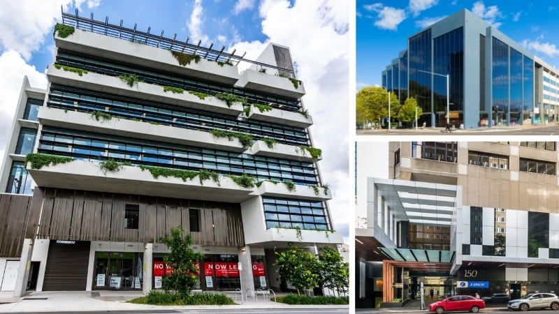 The assets being put to market (clockwise from left) York Street, Beenleigh; Northbourne Avenue, Canberra; and Charlotte Street, Brisbane.