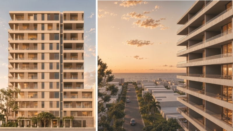 Renderings of the 12-storey tower proposed by Morris Property Group for 34-36 Seabeach Avenue, Mermaid Beach.
