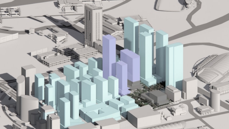 overview showing 21 towers within the future sydney olympic park metro station precinct with three towers highlighted for this plan.