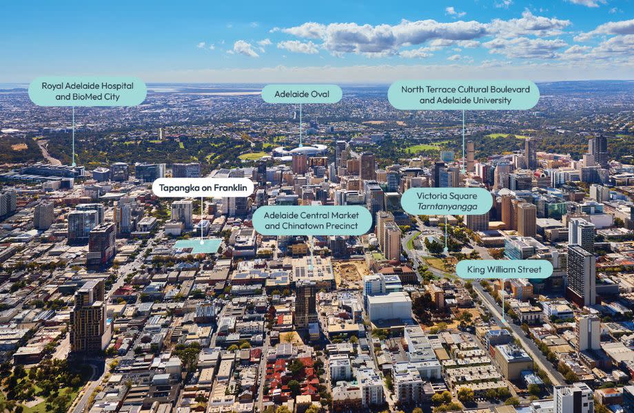 Aerial showing the Tapangka on Franklin site with nearby Adelaide CBD landmarks indicated.