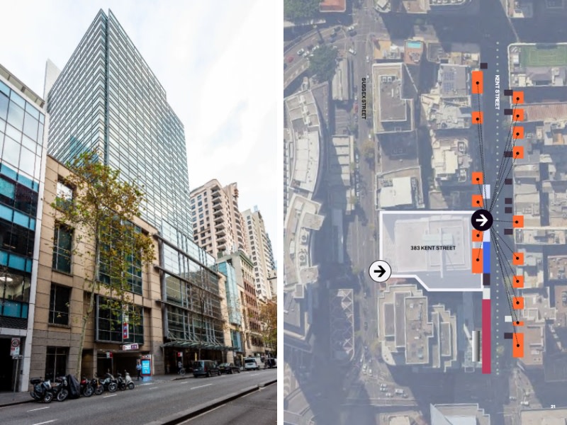 The existing 383 Kent Street tower an older office tower in sydney cbd and an image overview of the proposed development and how the logistics hub would work.