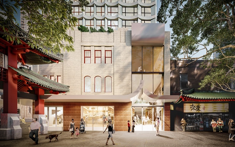 The gates of Sydney's Chinatown on Dixon Street, Haymarket and the new tower planned for the site which reflects its surrounds in a modern way.