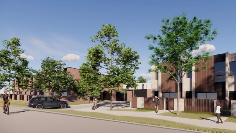 rendering of two storey townhouses and pedestrians on the street