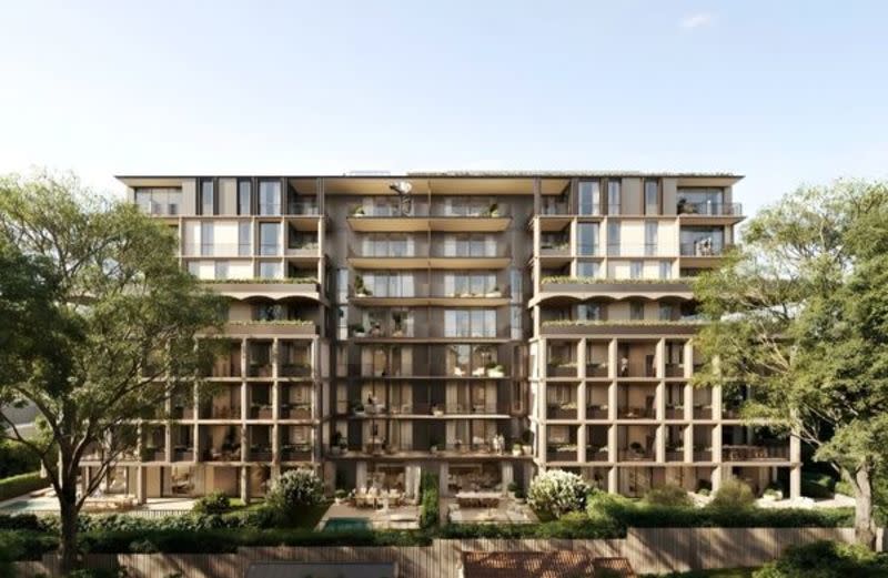 MHNDU rendering of the proposed eight-storey building at 23–31 Dover Road, showing the rear elevation.