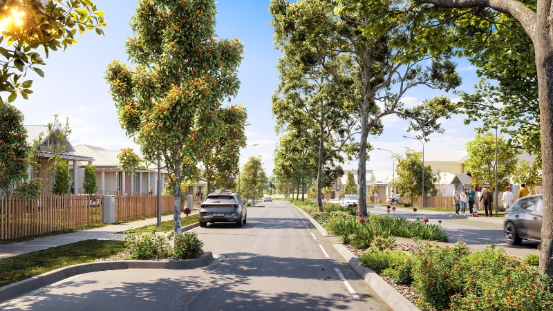 rendering of a residential street with parking on either side and trees in the middle