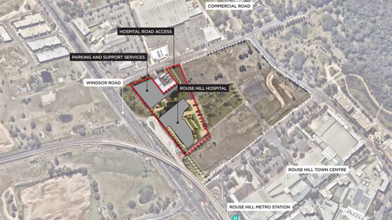 aerial image and basic plans for a future hospital in Rouse Hill