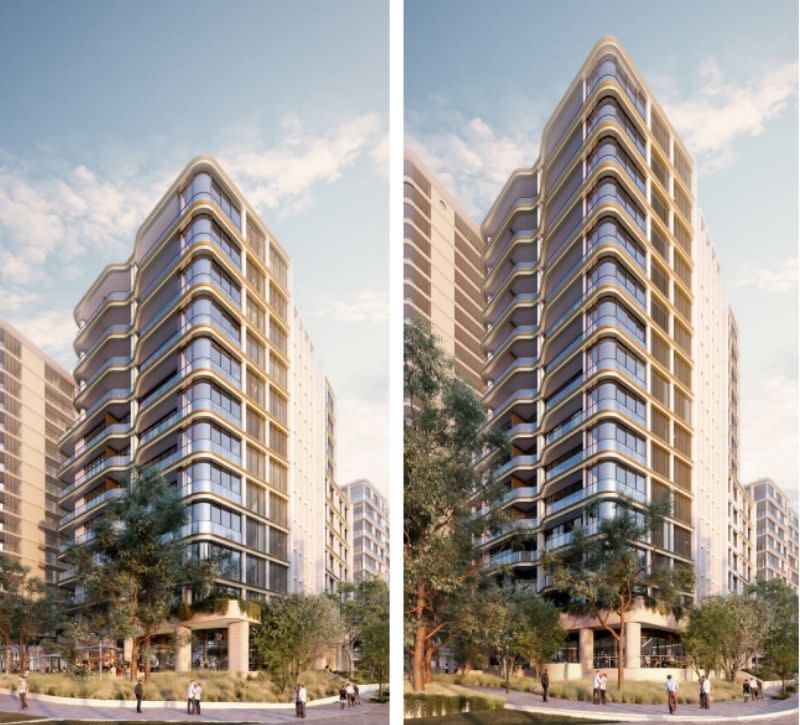 Renderings show Building E before and after the approved three-level uplift at Billbergia’s Leeds Street project at Rhodes.