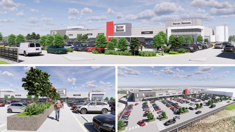 Renders of the proposed Harvey Norman centre at the Homemaker Helensvale retail hub on the Gold Coast.