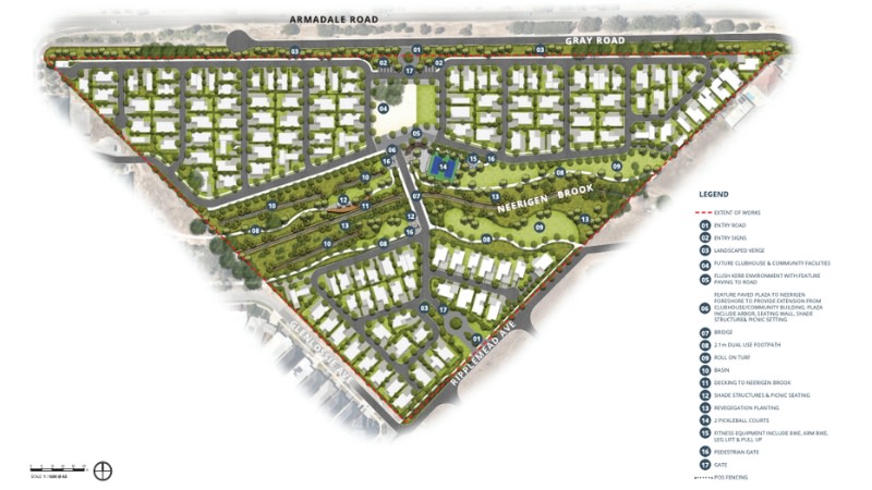 map of a land lease community on a triangular block with a waterway running across it