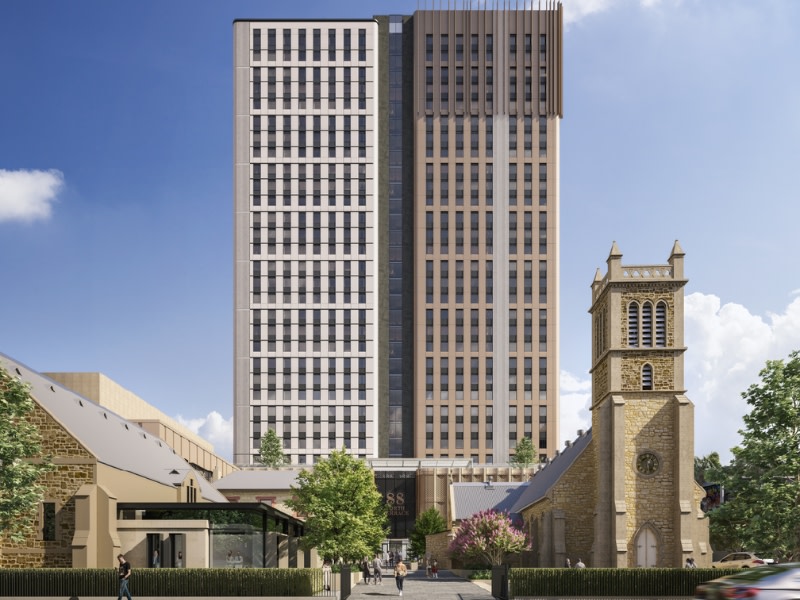 rendering of a student tower behind the oldest church in adelaide.