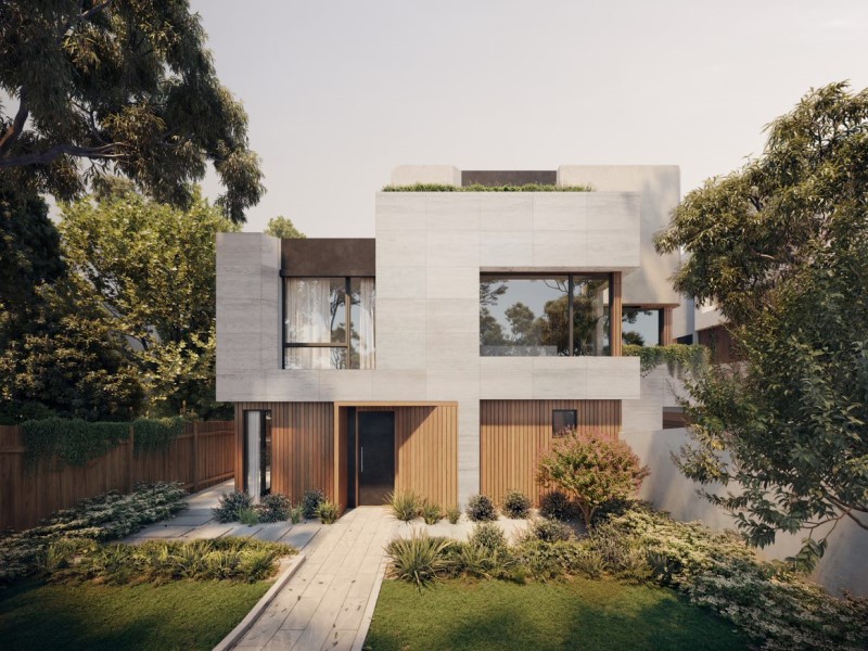 A render of a two-storey modern townhouse, one of developer BHC Property's most recent townhouses in the GlenHolm project at Glen Iris in Melbourne.